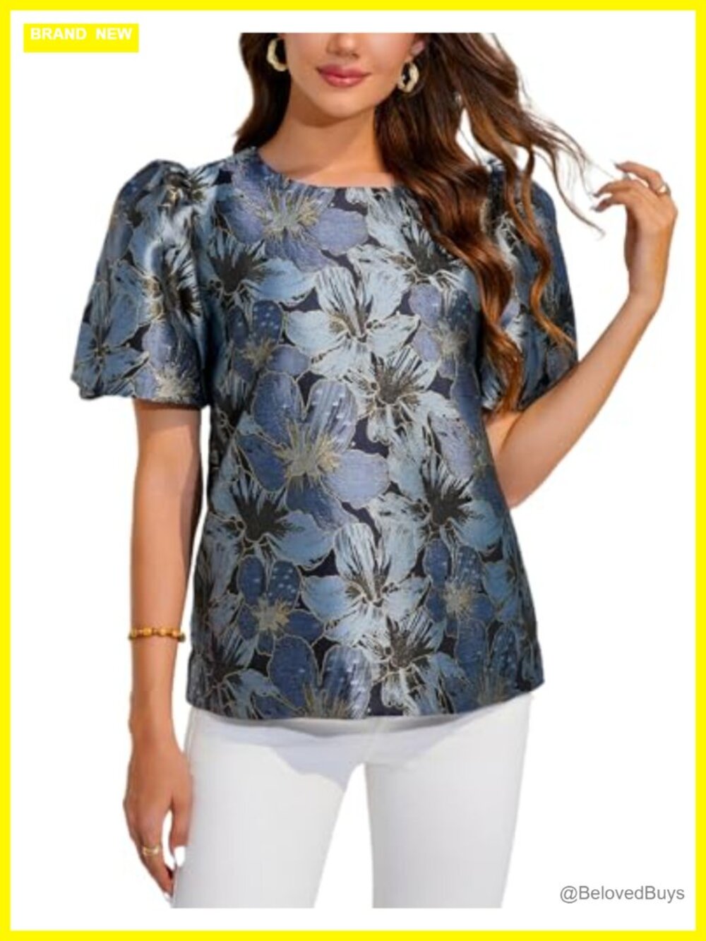 Kedera Jacquard Puff Sleeve Blouse Button Down Crew Neck Work Top